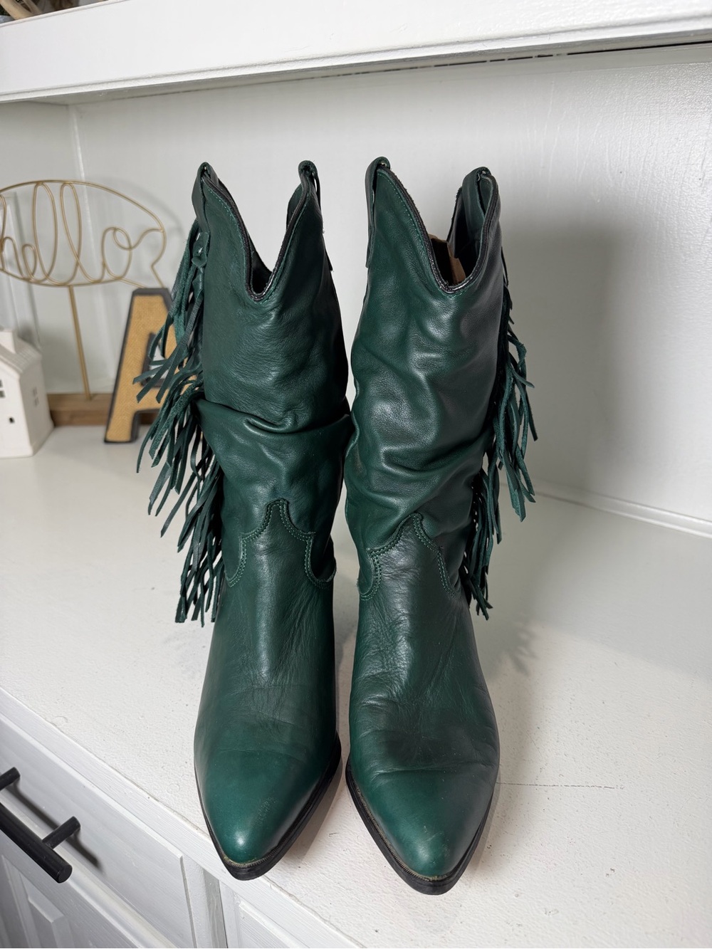 Vintage Dingo Womens 6.5M Forest Green Leather Fringe Cowboy Boots Tall Western - Picture 2 of 9